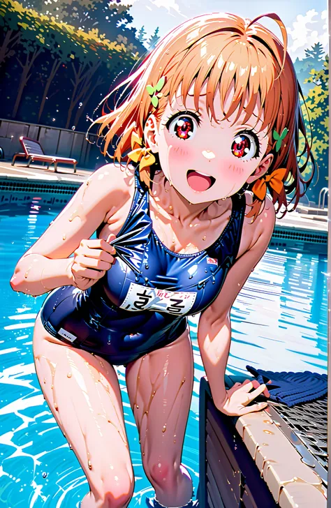 Takami Chika, solo,short hair, Hair Ornament, Red Eyes, knitting glasses, stupid hair,orange hair, smile,blush,open your mouth,side knitting glasses,old school swimsuit, school swimsuit, blue one-piece swimsuit, one-piece swimsuit, name tag, swimsuit, Bell...