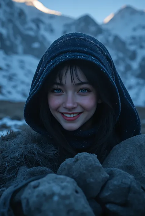 (ultra Realistic) , (illustration), (Enhance resolution), (8k), ( Extremely Detailed), ( detailed face ), Slim Body, in the dark , deep shadow, low profile, pureerosfaceace_v1, Happy smile, Winter, Mountain