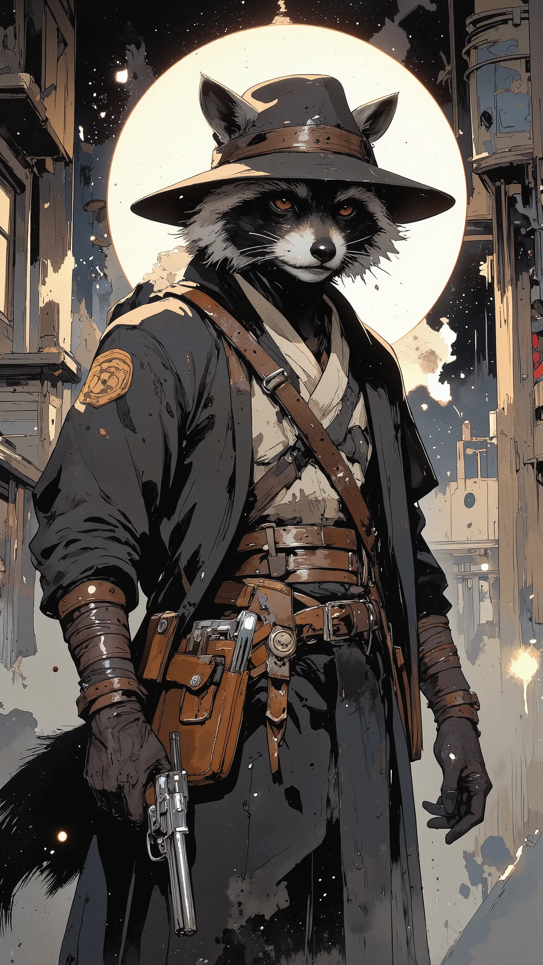 ArsMJStyle、(Zen ink wash painting)、(raccoon ,Western Gunman,vintage),(aura:1. Hi 3) ,ArsMJStyle、(Zen ink wash painting)、ランダムなシチュエーション,背後からのアングル