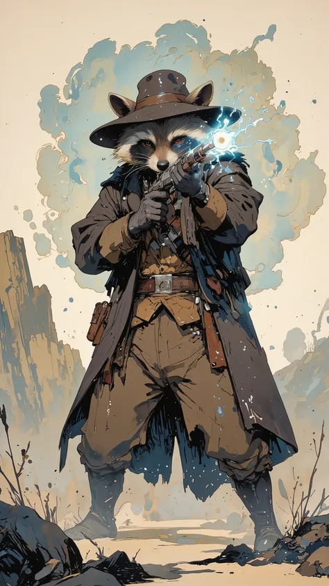 ArsMJStyle、(Zen ink wash painting)、(raccoon ,Western Gunman,vintage,aiming at viewers ),(aura:1. Hi 3) ,ArsMJStyle、(Zen ink wash painting)、ランダムなシチュエーション,angle from front