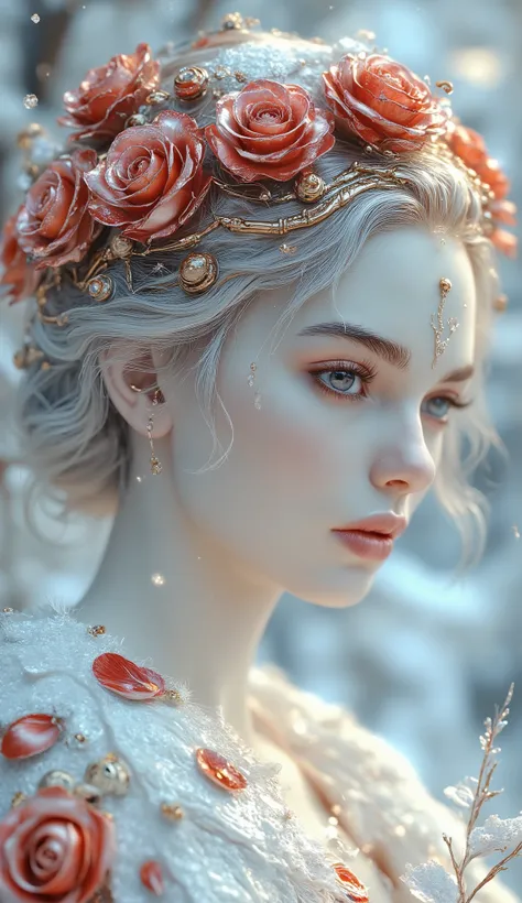 A serene winter landscape scene with a stunning tall bark blood red rose-adorned female figure standing amidst a blanket of pristine snow. Full body shot, from the top of her crown to the snow under the tips of her toes, The red-hued rose petals delicately...