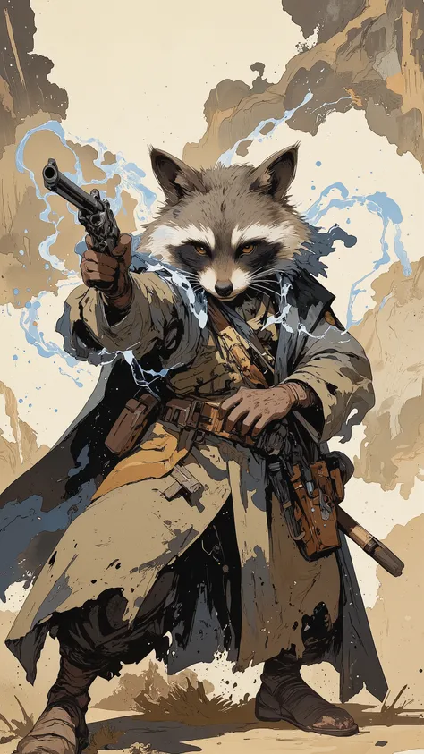 ArsMJStyle、(Zen ink wash painting)、(raccoon ,Western Gunman,vintage,aiming at viewers ),(aura:1. Hi 3) ,ArsMJStyle、(Zen ink wash painting)、ランダムなシチュエーション,angle from side