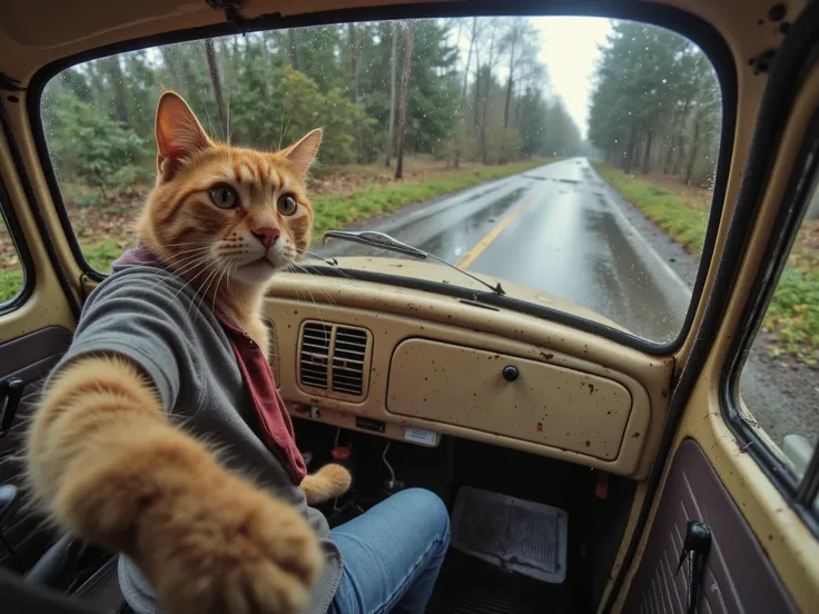 In cinematic 3D style, HD-Bild, Realistic image, colorful picture .
Charakter, Jhonny Ager orange cat wears a gray, very dirty T-shirt and a very dirty red open shirt and blue half jeans.
Aktion,Johnny Ager Orange Cat drives a very old VW Beetle and the ...