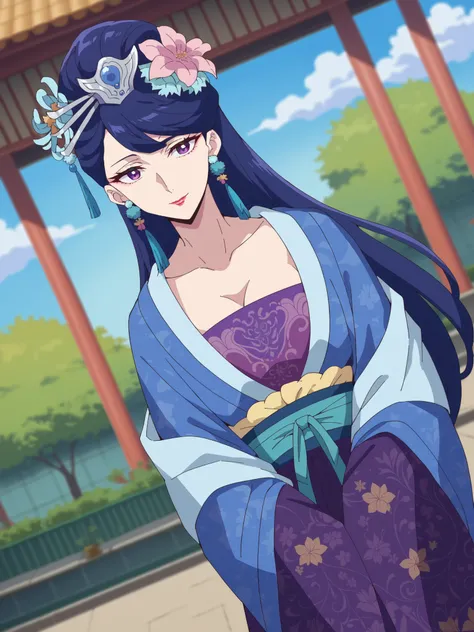 top quality, masterpiece,Pear Blossom,Every Single Person at the Drugstore,long hair, purple eyes, purple hair, flower, earrings, hair flower, makeover, lipstick,Chest, jewelry on kiss butt, Chinese clothing, Hanfu,Outdoors, garden, bend your waist, smile...
