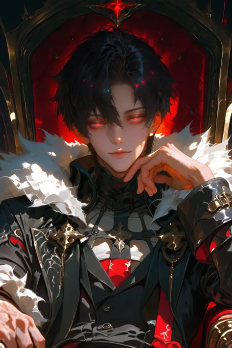 masterpiece, best quality, (Detailed Eyes: 1.2), boy, male, red eye, black hair, semi realistic, black medieval suit with crimson color accessories, looking at viewer, emotionless face, solo character, resting him chin on the right hand, upper body, sittin...