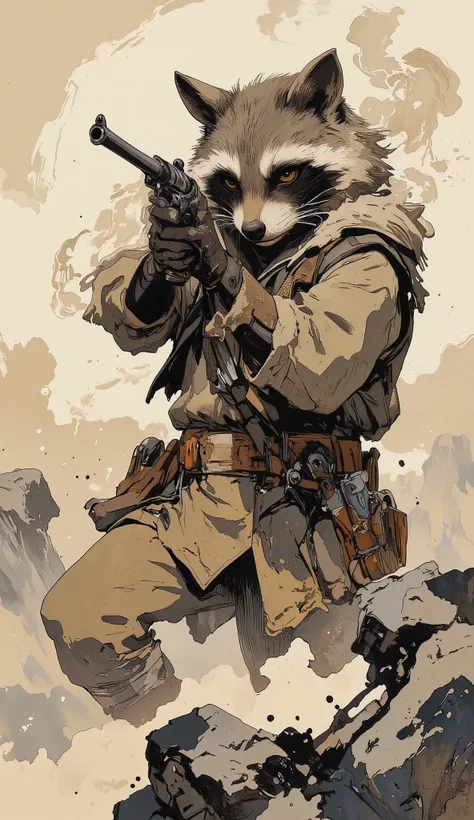 ArsMJStyle、(Zen ink wash painting)、(raccoon ,Western Gunman,vintage,aiming at viewers ),(aura:1. Hi 3) ,ArsMJStyle、(Zen ink wash painting)、ランダムなシチュエーション,angle from side