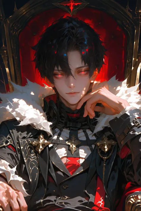 masterpiece, best quality, (Detailed Eyes: 1.2), boy, male, red eye, black hair, semi realistic, black medieval suit with crimson color accessories, looking at viewer, emotionless face, solo character, resting him chin on the right hand, upper body, sittin...