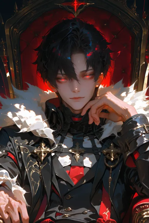 masterpiece, best quality, (Detailed Eyes: 1.2), boy, male, red eye, black hair, semi realistic, black medieval suit with crimson color accessories, looking at viewer, emotionless face, solo character, resting him chin on the right hand, upper body, sittin...