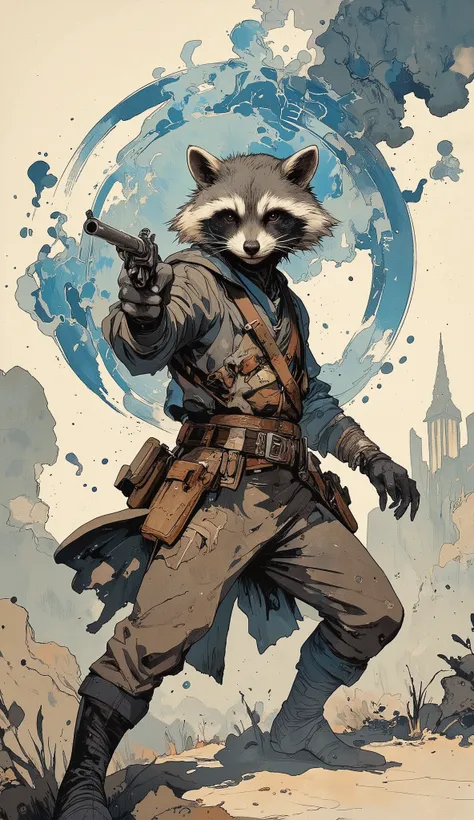 ArsMJStyle、(Zen ink wash painting)、(raccoon ,Western Gunman,vintage,aiming at viewers ),(aura:1. Hi 3) ,ArsMJStyle、(Zen ink wash painting)、ランダムなシチュエーション,angle from side