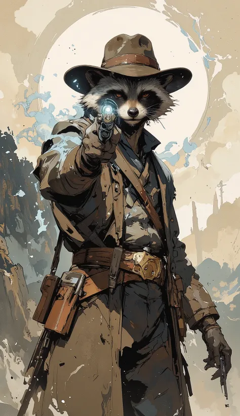 ArsMJStyle、(Zen ink wash painting)、(raccoon ,Western Gunman,vintage,aiming at viewers ),(aura:1. Hi 3) ,ArsMJStyle、(Zen ink wash painting)、ランダムなシチュエーション,angle from side