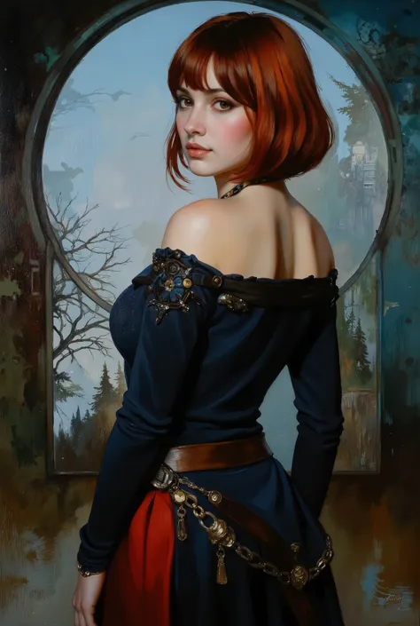 Fantasy digital painting depicting sexy female rogue in rogue outfit. Female is looking at the viewer playfully. She's 18 years old, petite, has fair skin, dark brown eyes, redhead in bobcut with fringe, small, perky breasts, medieval fantasy