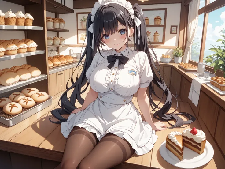 Japanese、black hair、long hair、twin tails、Amikomi、 huge white ribbon 、1 girl、アンナミラーズ、bakery waitress uniform、bakery uniform、Big Breasts、sitting、Pantyhose、masterpiece、best quality、uncensored