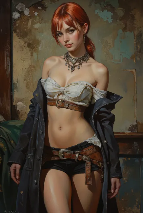 Fantasy digital painting depicting sexy female rogue in rogue outfit. Female is looking at the viewer playfully. She's 18 years old, petite, has fair skin, dark brown eyes, redhead hair with fringe, small, perky breasts, medieval fantasy