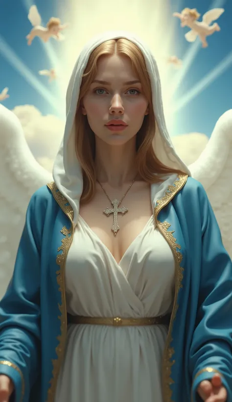 photorealistic photograph of the Virgin Mary, represented as a beautiful woman, with delicate and symmetrical facial features, soft and realistic skin with visible textures, heavenly lighting that highlights her face. Your facial expression shows satisfact...