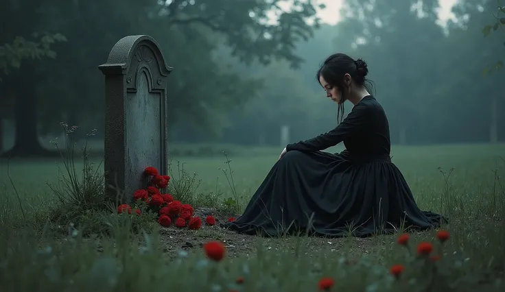 Visual:
Silent grave with one gravestone, and red flowers on it. the woman is seen sitting next to him,with Gothic style dress,Calm and peaceful.
Mood: Completed repentance, hope of forgiveness.vibes darkness gloomy