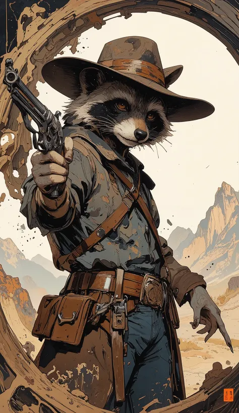 (angle from back:1.5),(raccoon ,Western Gunman,vintage),(aura:1. Hi 3) ,ArsMJStyle、(Zen ink wash painting)、ランダムなシチュエーション, ArsMJStyle、(Zen ink wash painting)