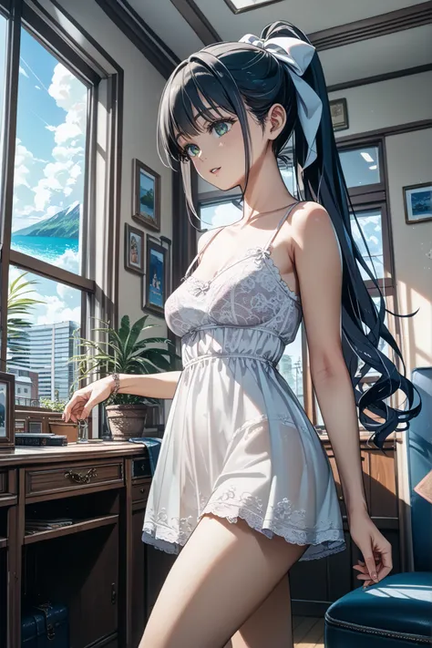 ((((masterpiece)))), high quality, very_high_resolution, large_filesize, full color,Japanese、black hair、long hair、Wave Air、ponytail、white giant ribbon、(((long lace camisole,interior,Western-style room)))