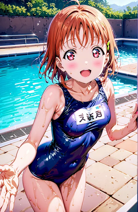 score_9, score_8_up, score_7_up, sauce_anime,Takami Chika, short hair, Red Eyes,  stupid hair,school swimsuit,smile,blush,open your mouth,Belly button cover,Wet hair with raw feet,wet swimsuit,wet skin,Submersion,is standing,full bodyがillustrationsに入るように,b...