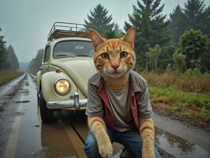 In cinematic 3D style, HD-Bild, Realistic image, colorful picture .
Charakter, Jhonny Ager orange cat wears a gray, very dirty T-shirt and a very dirty red open shirt and blue half jeans.
Aktion,Johnny Ager Orange Cat drives a very old VW Beetle and the ...
