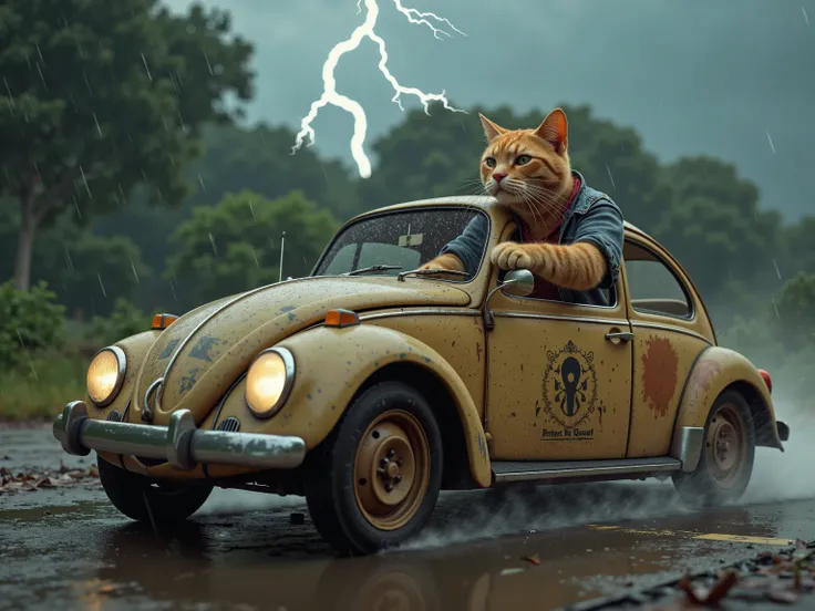 In cinematic 3D style, HD-Bild, Realistic image, colorful picture .
Charakter, Jhonny Ager orange cat wears a gray, very dirty T-shirt and a very dirty red open shirt and blue half jeans.
Aktion,Johnny Ager Orange Cat drives a very old VW Beetle and the ...