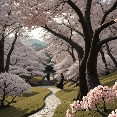 cherry blossoms falling, cherry blossom treesdetailed cherry blossom trees, cherry blossoms falling gently, lush pink petals drifting in the breeze, serene Japanese garden landscape, beautiful spring scenery, soft natural lighting, highly detailed, photore...