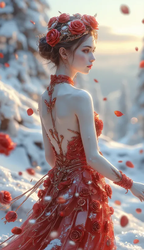 A serene winter landscape scene with a stunning tall bark blood red rose-adorned female figure standing amidst a blanket of pristine snow. Full body shot, from the top of her crown to the snow under the tips of her toes, The red-hued rose petals delicately...
