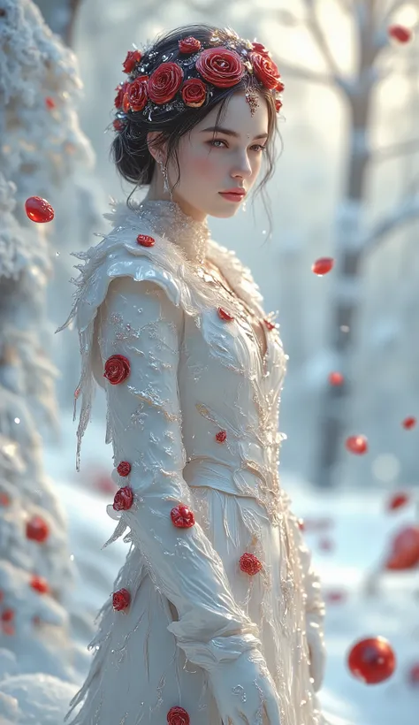 A serene winter landscape scene with a stunning tall bark blood red rose-adorned female figure standing amidst a blanket of pristine snow. Full body shot, from the top of her crown to the snow under the tips of her toes, The red-hued rose petals delicately...