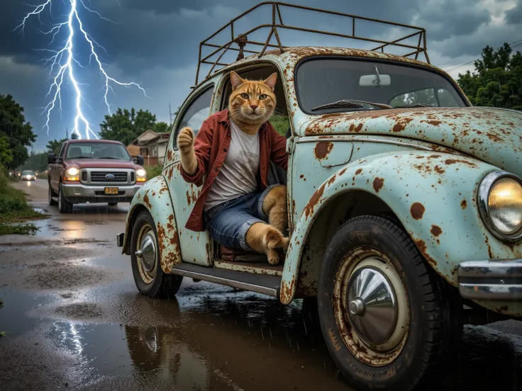 In cinematic 3D style, HD-Bild, Realistic image, colorful picture .
Charakter, Jhonny Ager orange cat wears a gray, very dirty T-shirt and a very dirty red open shirt and blue half jeans.
Aktion,Johnny Ager Orange Cat drives a very old VW Beetle and the ...