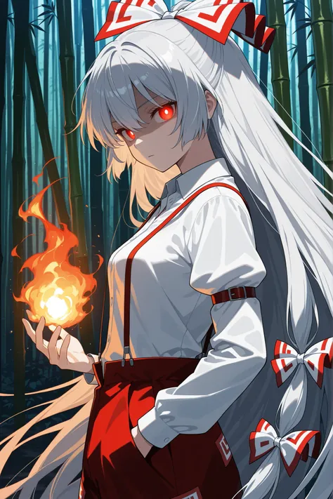 masterpiece, best quality, amazing quality, very aesthetic, colorful, safe, from side, 1girl, fujiwara no mokou, \(Touhou\), expressionless, pyrokinesis, one hand in pocket, shaded face, glowing eyes, looking at viewer, long hair, hair between eyes, red ey...