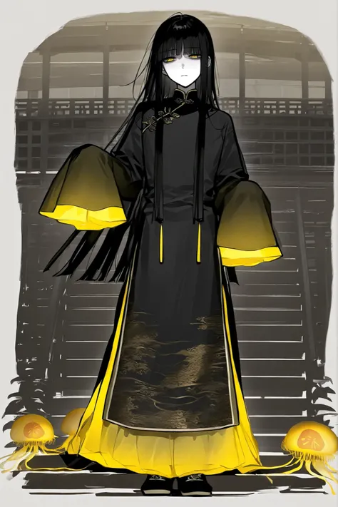 Draw the full body of a slender male character with long black jellyfish cut hair, yellow point bridge hair on the bangs, and wearing a traditional Chinese costume, horse,.