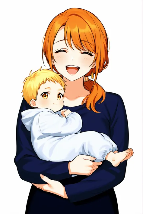 Mother is holding her baby My mother looks at me and smiles mother and baby clothes are solid colors and bright colors 5 at my mother's feet〜The boy and girl are laughing white background