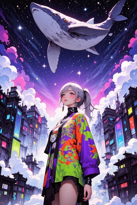 high resolution, top quality, 8K, realistic depiction, (masterpiece, high resolution:1.4), high quality anime art style, Low angle viewpoint, 1 girl, japanese, standing and looking up at the sky, ((soft silver low ponytail hair)), Clear Face, Distinct faci...