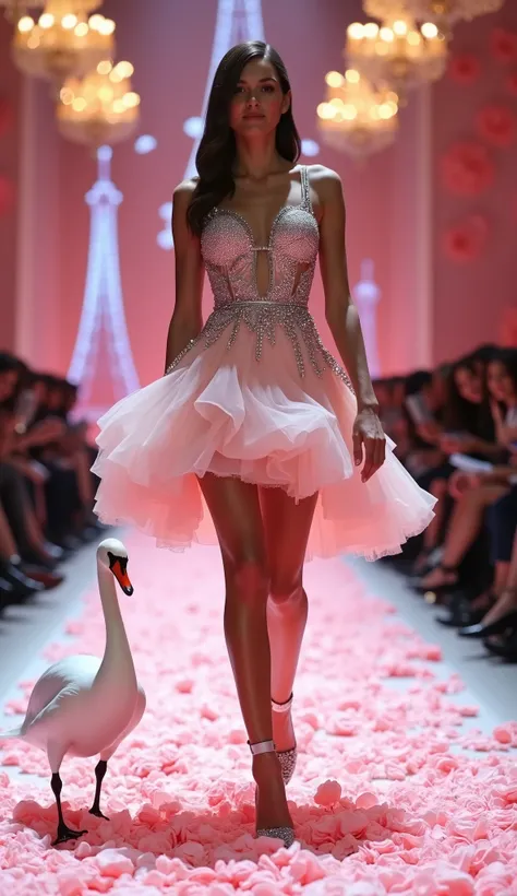 marioncflx walks the runway in a flowing Parisian-style mini gown that dissolves into rose petals, which reform into a crystal dress. A white swan walks beside her. The background is dreamy with chandeliers and glowing Eiffel Tower holograms.
