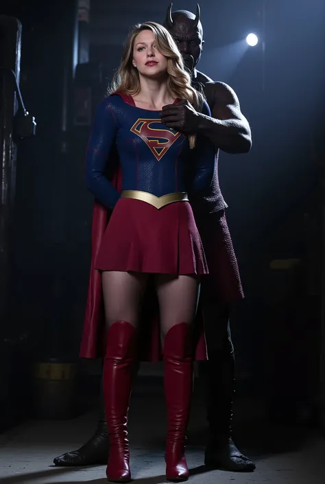 Melissa Benoist as Supergirl, (a very short skirt), both arms behind her back, wearing a Supergirl costume, blue shirt and red skirt, (upskirt:1.8), red high boots, she is sexual assaulted from behind by a devil, embarrassment, ((painful face)), (Supergirl...