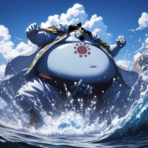 One Piece,jinbe fighting in seawater,Fighting Pose , Rich Details ,,blue sky and white clouds,8k