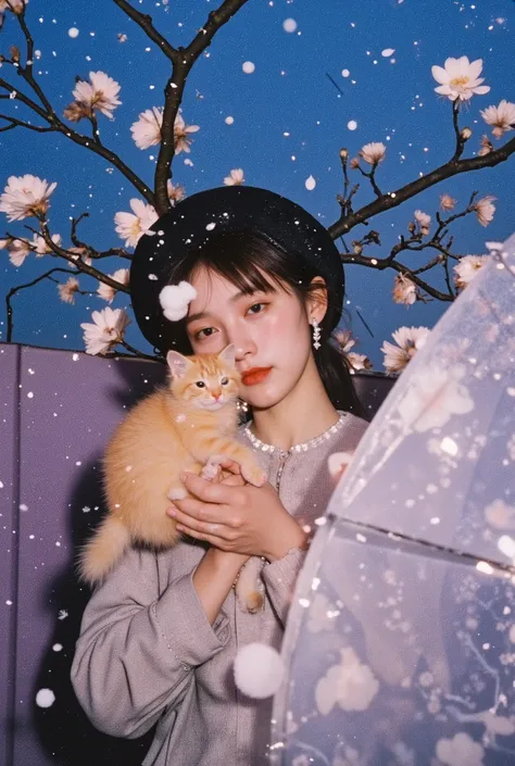 photo-fen, polaroid style, cinematic film still of Fujifilm C100 Fujicolor C200 a small orange kitten is held in a persons hand, Fujifilm C100 style, Fujifilm C200 style, Fujicolor style, perfect image, perfect body,Retro movie style film photography,Clos...
