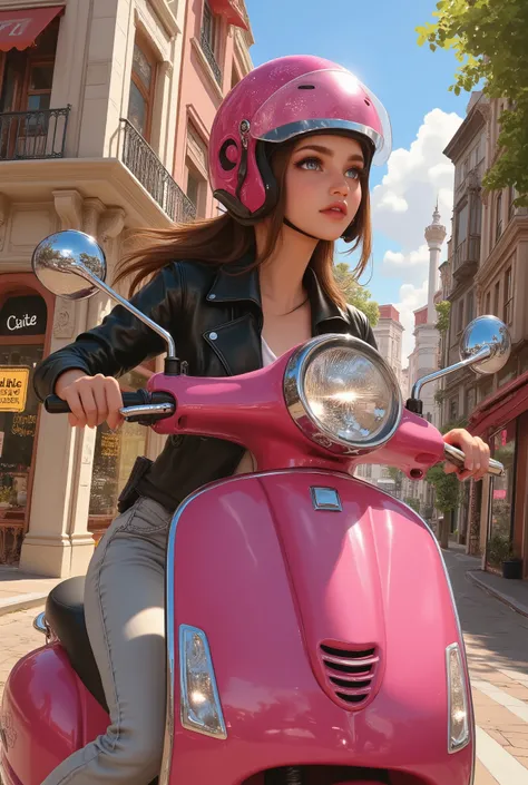 A young woman driving a pink Vespa through the streets of an Italian city. She wears a pink helmet, a black leather jacket and light jeans., scenery, anime style,