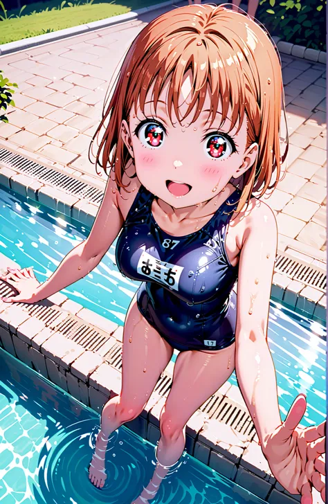 score_9, score_8_up, score_7_up, sauce_anime,Takami Chika, short hair, Red Eyes,  stupid hair,school swimsuit,smile,blush,open your mouth,Belly button cover,Wet hair with raw feet,wet swimsuit,wet skin,Submersion,is standing,full bodyがillustrationsに入るように,b...