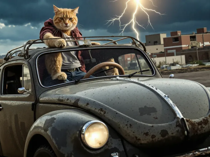 In cinematic 3D style, HD-Bild, Realistic image, colorful picture .
Charakter, Jhonny Ager orange cat wears a gray, very dirty T-shirt and a very dirty red open shirt and blue half jeans.
Aktion,Johnny Ager Orange Cat drives a very old VW Beetle and the ...