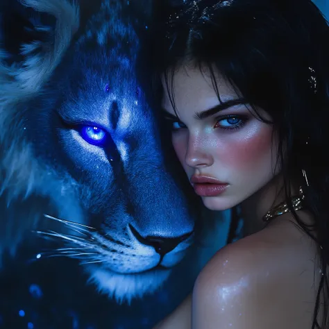 CLOSE-UP VERY CLOSE TO A 21 YEAR OLD GIRL , LONG AND ABUNDANTLY DAMP BLACK HAIR , Light blue eyes style , European features, sculpted face , pele branca , BRIGHT SKIN VERY BRIGHT HIGHLIGHTER ON THE FACE, corpo curto , small breasts , Flat abdomen , th...