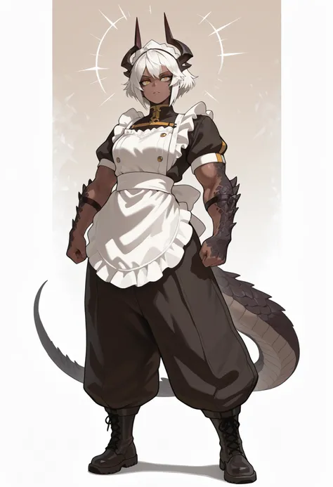 muscular creature, dark horns, yellow eyes, short spiky white hair, short hair, (wearing baggy pants:1.3), dark scales, dark pants, maid jacket, military boots, scales on arms and legs, calm pose, athletic, dark skin tone, BREAK background is simple and mu...