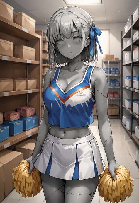 score_9, score_8_up, score_7_up, source_anime, 1girl, stone_tf, stone statue, stone hair, stone eyes, stone skin, (grey skin:1.2), grey hair, (no eyes:1.2) bb_\(fate\), large breasts, hair ribbon, cowboy shot, storage, storage room, inside, boxes, detailed...