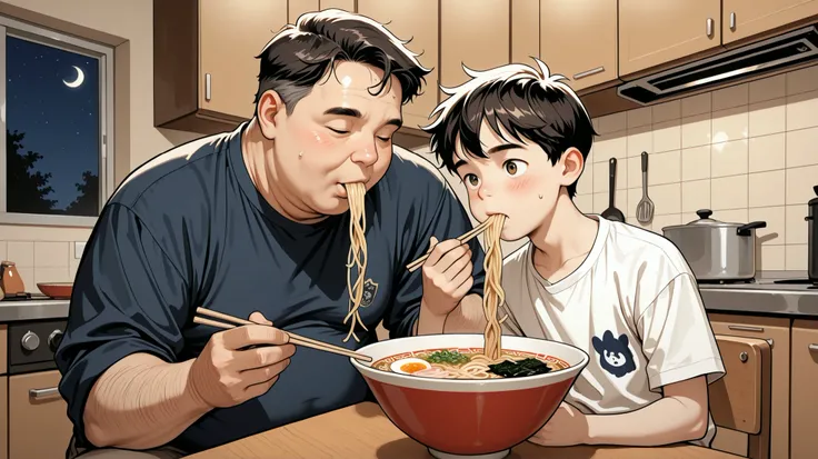 Fat Korean middle-aged man eating ramen, Elementary school boy, late at night, Kitchen