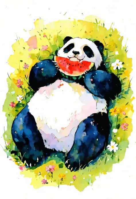 masterpiece, best quality, good quality, very aesthetic, absurdres, newest,  solo, holding, flower, outdoors, lying, day, on back, no humans, leaf, eating, holding food, white flower, grass, pink flower, yellow flower, animal focus, holding fruit, watermel...