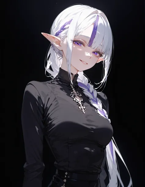 girl, white hair, in purple eyes,White hair, ponytail,Black Long Sleeve Shirt,Medium Breasted,black background,Body Shape,slim,pigtail,I braided my hair,Long Eyelashes,in the naked eye,awesome,shorts, ponytail,slim,Pointed ears,Funeral dress,smile, two ton...