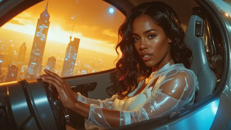 Close-up on a super-powered girl's determined face as she pilots her sleek light ship through the golden hour sky. Her eyes aglow with energy, she grips the controls with focus. The warm sunlight casts a glow on her ultra-detailed skin, highlighting pores ...