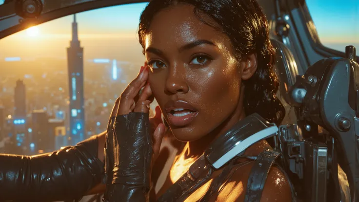Close-up on a super-powered girl's determined face as she pilots her sleek light ship through the golden hour sky. Her eyes aglow with energy, she grips the controls with focus. The warm sunlight casts a glow on her ultra-detailed skin, highlighting pores ...