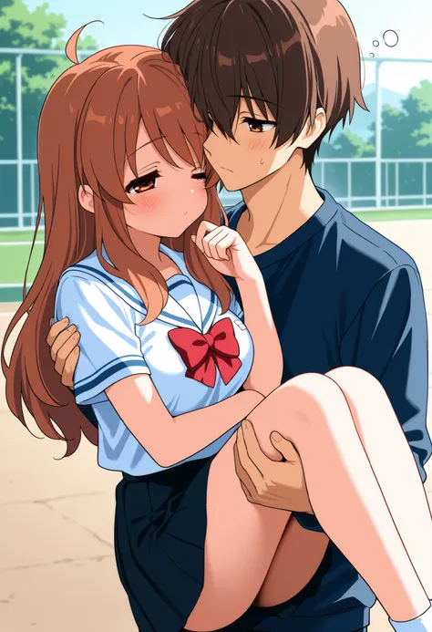 masterpiece, best quality, ultra detailed, highres, 4k, 1girl, 1boy, score_7_up, score_8_up, score_9, source_anime, high res image, (mikuru asahina), long brown hair, brown eyes, depth of field, medium breasts, short stature, blush, sleepy, boy carrying gi...