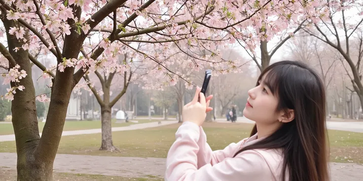 1girl, 　　　has lost interest in cherry blossoms、in a month。
　
On the premises I wonder if the cherry trees。

pointing a smartphone to such cherry blossoms、There is one beautiful girl in the back who is taking pictures。it's a lyrical spring landscape。

but、m...