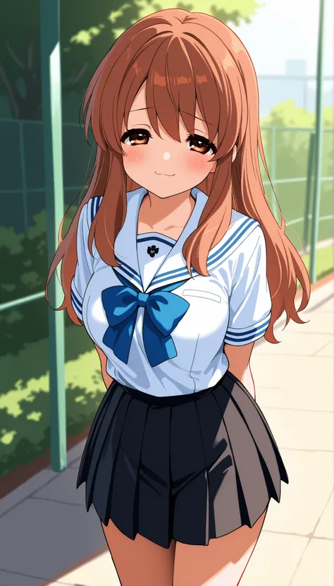 masterpiece, best quality, ultra detailed, highres, 4k, 1girl, score_7_up, score_8_up, score_9, source_anime, high res image, (mikuru asahina), long brown hair, brown eyes, depth of field, medium breasts, short stature, blush,  school yard, white sailor un...